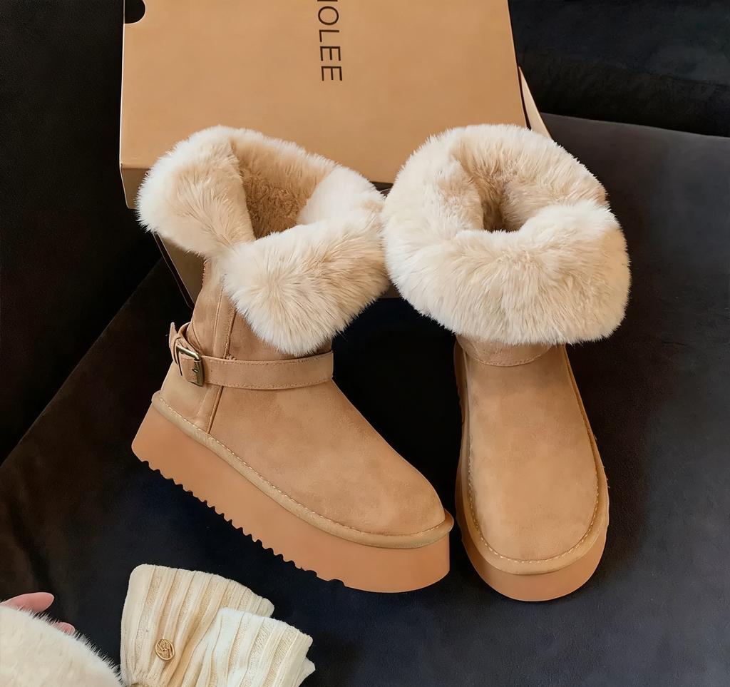 Cowhide Version Autumn and Winter New Two-wear Buckle Belt Thick-soled Fluffy Flanged Warm Cotton Shoes Medium Tube Snow Boots