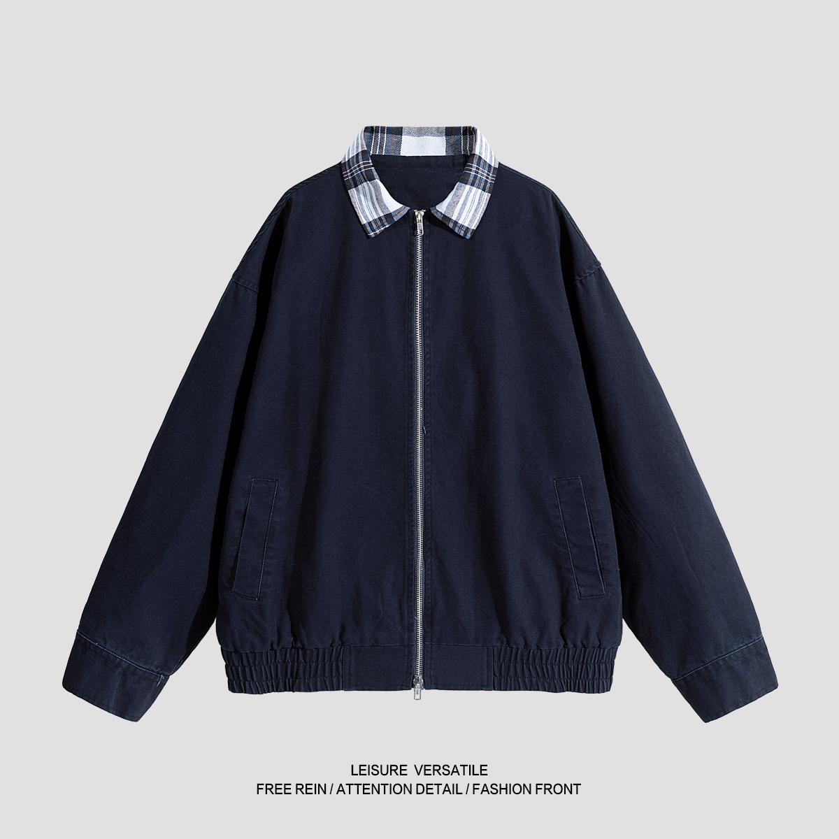 

Retro Jacket Men s Spring and Autumn Plaid Lapel Pure Cotton Work Clothes Washing Old Jacket Loose Top 2XL