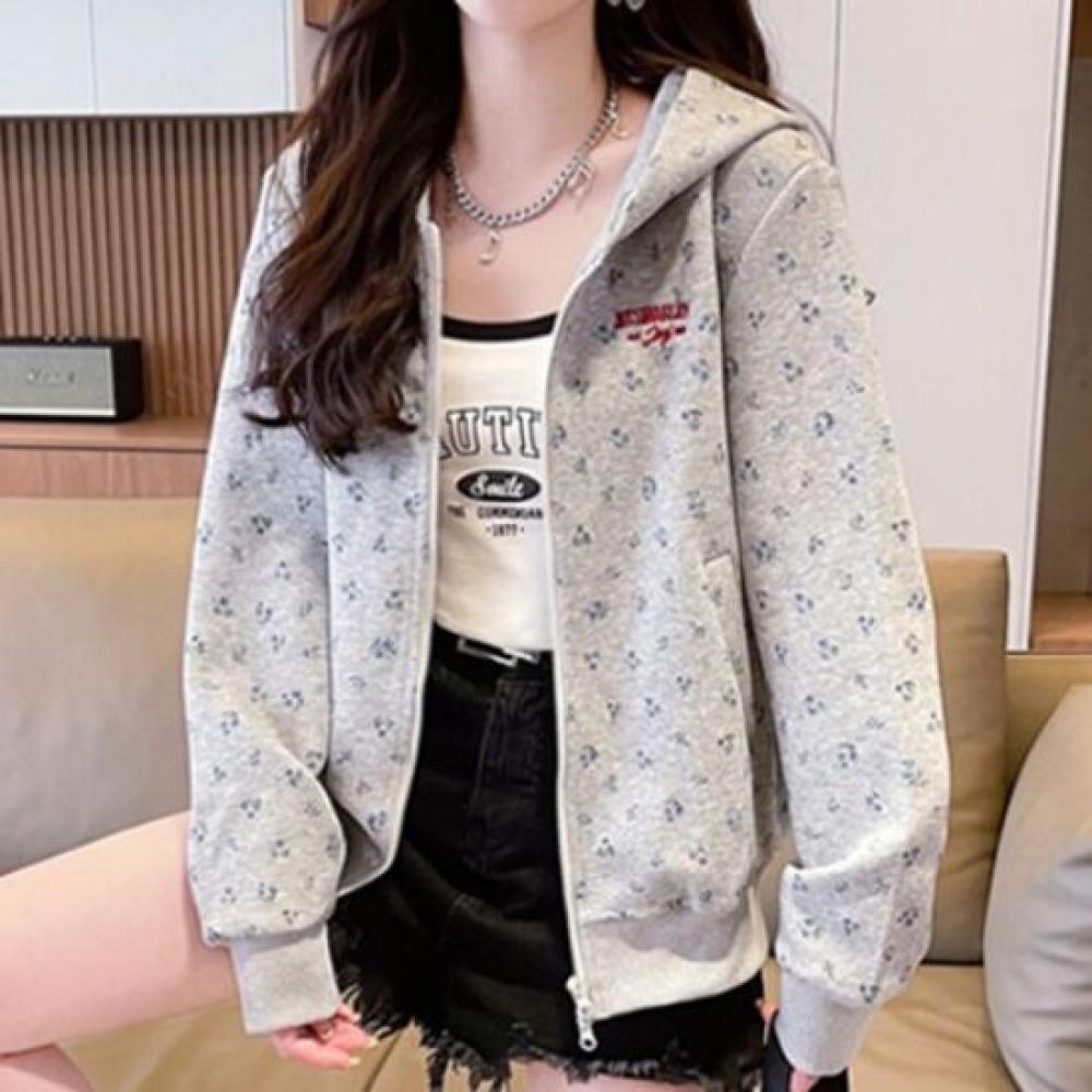 Navava Women Flower Pattern Long Sleeve Hooded Zip Up Nc168
