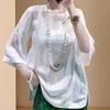 Short Sleeve Purple Acetate Jacquard Top Summer Shirt Versatile Five-quarter Sleeve Shirt