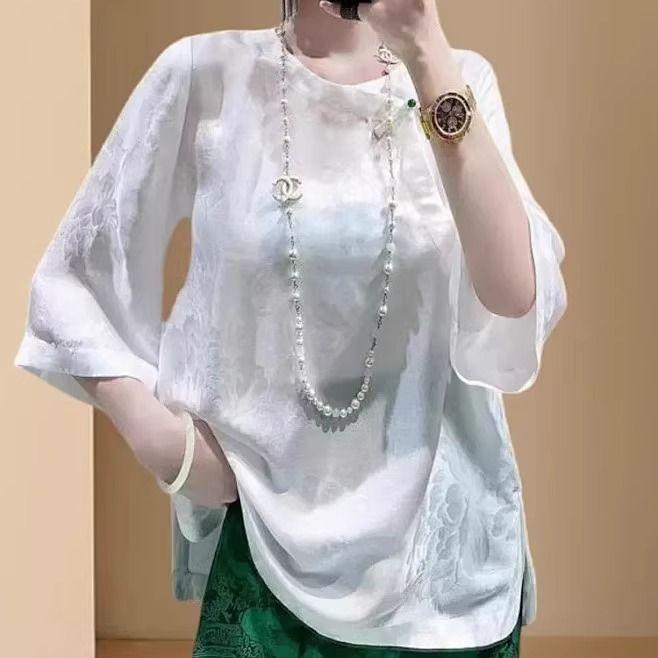 Short Sleeve Purple Acetate Jacquard Top Summer Shirt Versatile Five-quarter Sleeve Shirt