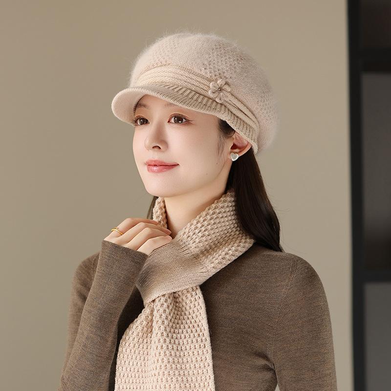 Hat Women's Autumn and Winter Knitted Hat Warm Beret Wool Hat Fashion Fleece Thickened Ear Hat Rabbit Fur Hat