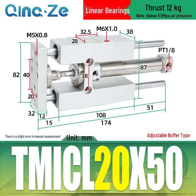 Triple-Rod Cylinder with Guide Bracket and Buffer TMICL/TMICM 12/16/20/25-50/75/100