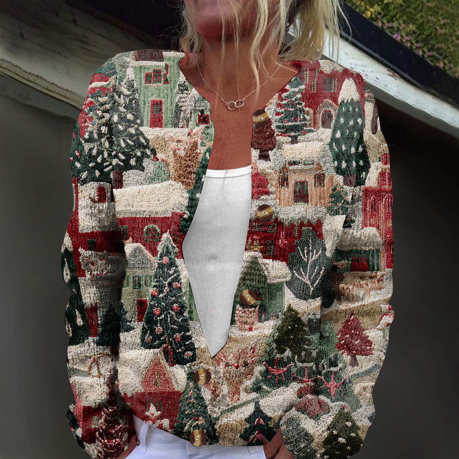 

Женская модная принтованная куртка с длинным рукавом и вязанным кардиганом на пуговицах L