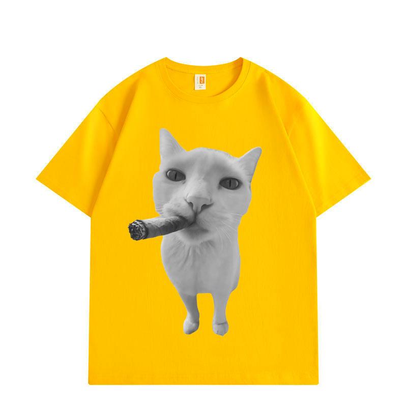 Cat Smoking Cigar Funny Meme Graphic T Shirts Men Women Fashion Vintage Short Sleeve T-shirts Summer Loose Cotton T-shirt
