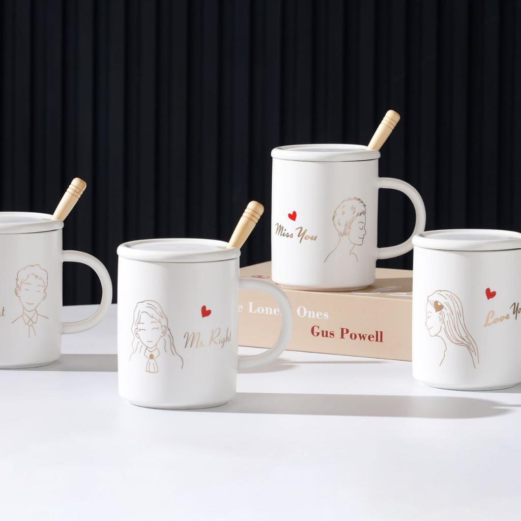 Couple Suit with Cover Spoon Ceramic Cup Opening Small Gift Mug for Girls High Temperature Resistance Large Capacity Water Cup for Household Use