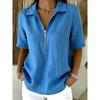 Women's Linen Blend Half Zip Polo Shirt Short Sleeve Casual Blouse