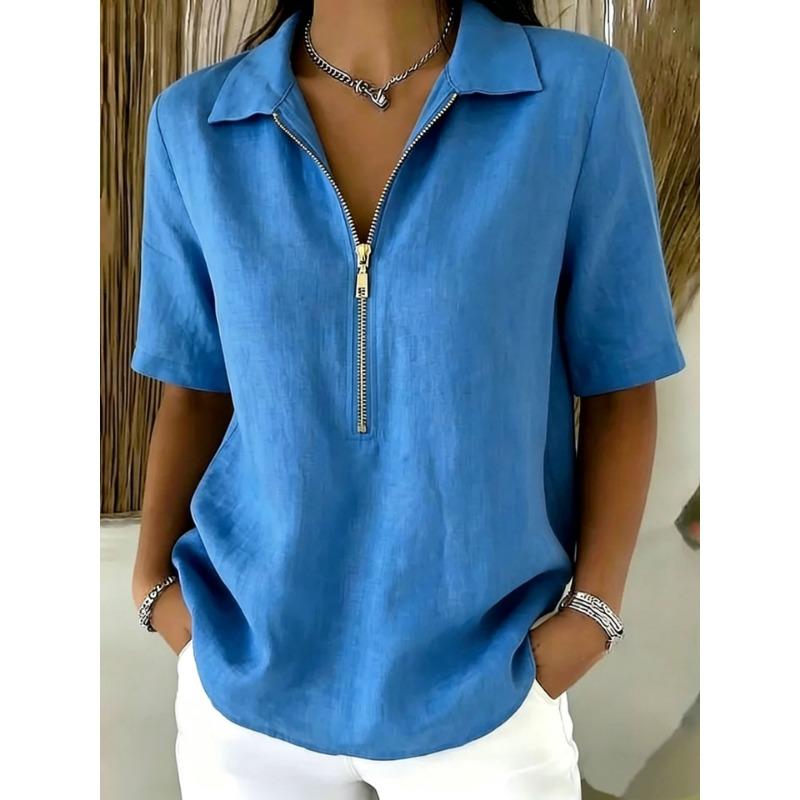 

Women s Linen Blend Half Zip Polo Shirt Short Sleeve Casual Blouse S синій