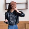 Štýlová kávová krátka motorkárska bunda dámsky PU kožený kabát s citom pre dizajn