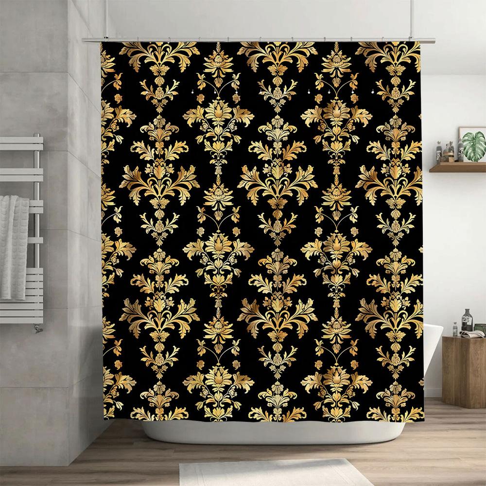 Golden Damask Shower Curtain Luxury Bath Decor For Home Bathroom Black Gold Waterproof Fabric 72X78 (183X200Cm)