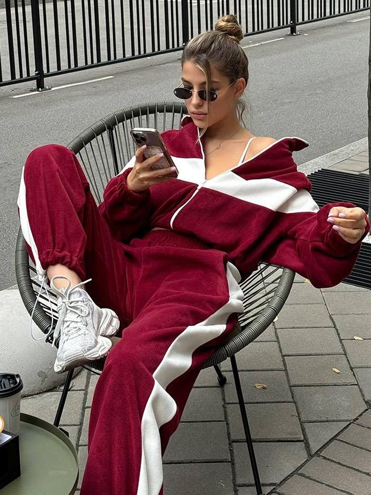 Fashion European and American suits Casual sports suits Zipper cardigan trousers Two-piece suit Women