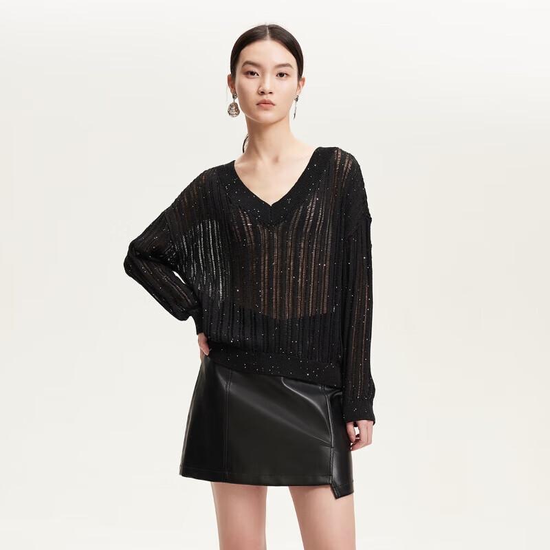 Veromoda 2025 Summer V-Neck Openwork Sequin Knit Sweater