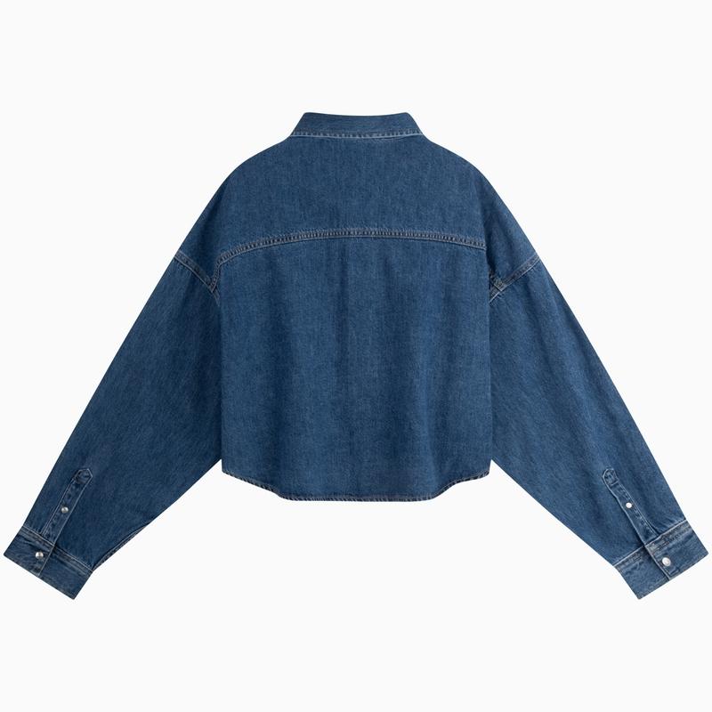 Calvin Klein Classic Trendy Retro Pure Cotton Short Hemmed Denim Long Sleeve Shirt Women Shirts Denim-Blue J225378