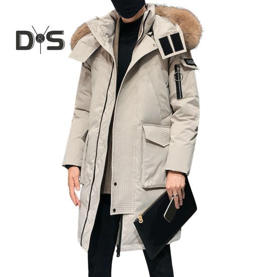 

Мужская куртка-пуховик с меховым воротником и капюшоном, длинный рукав, однотонное зимнее пальто с застежкой-молнией и карманами, утолщенная стеганая верхняя одежда XL бежевый
