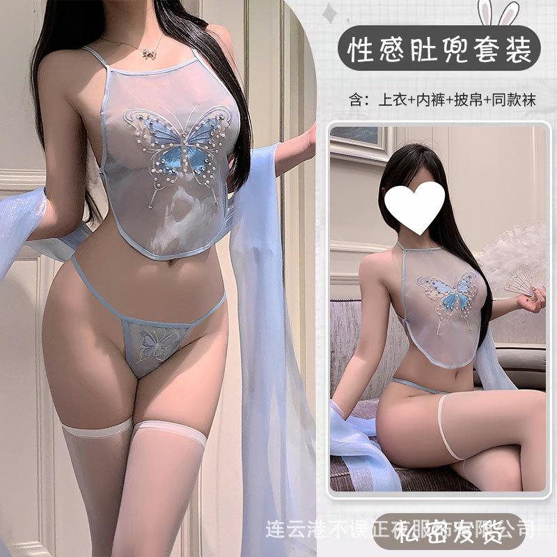 Sexy Lingerie Sexy Embroidery See-through Belly Pocket Set Pure Flirting Pajamas Antique Uniform