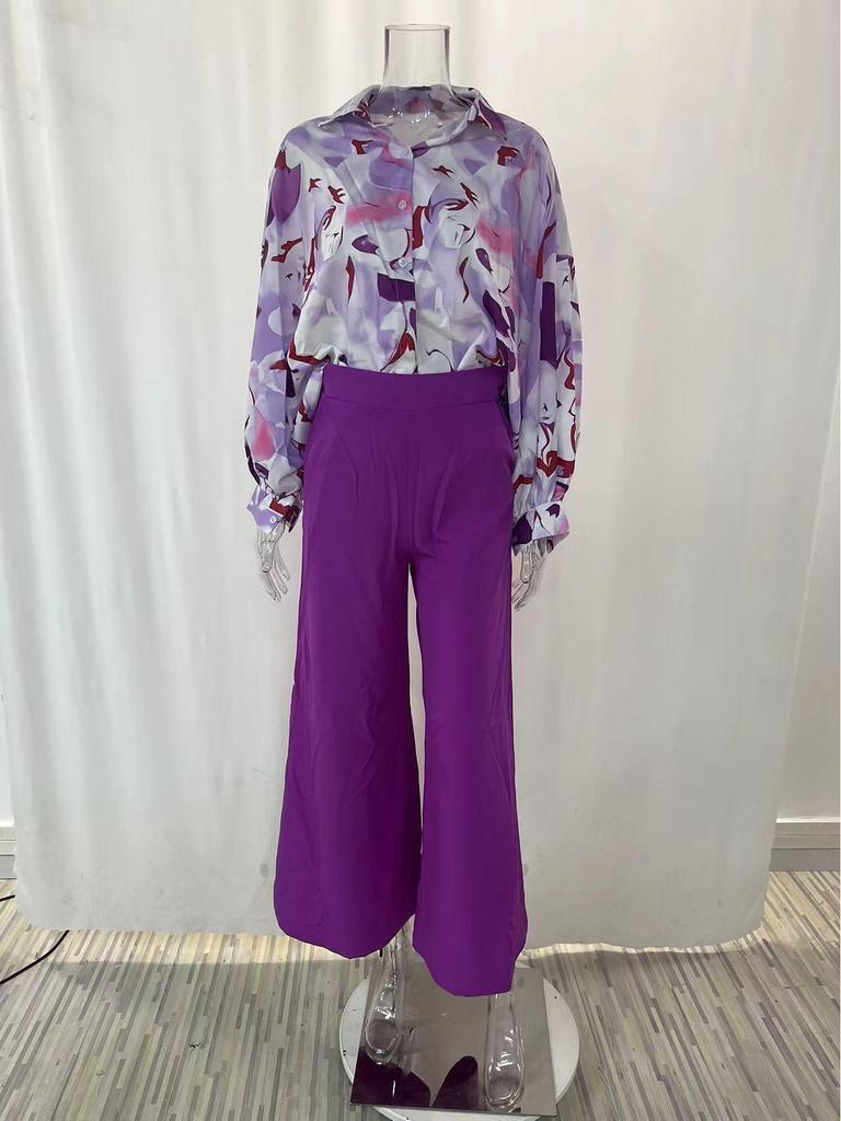 2026 Spring European & American Women's Printed Shirt & Elegant Wide-leg Pants Fashion Set