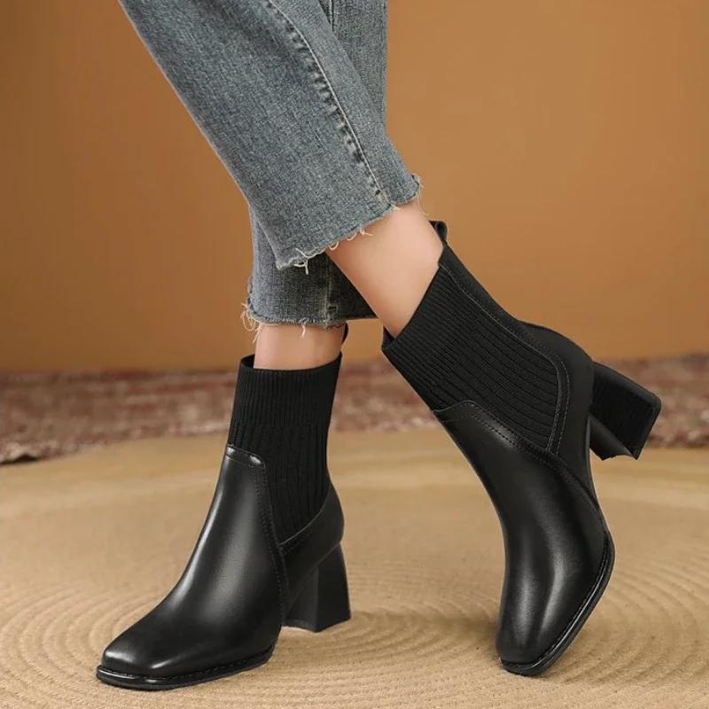 Fashion Women's Heeled Shoes Knitwear Womens Ankle Boots Comfortable Warm Women Shoes Thick Heels Office Pumps New Zapatos Mujer