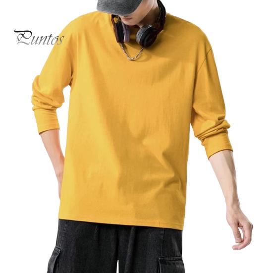 Herrenhemd Rundhals Langarm Weiches Atmungsaktives T-Shirt Einfarbig Lockere Passform Frühling Sommer Casual Tops