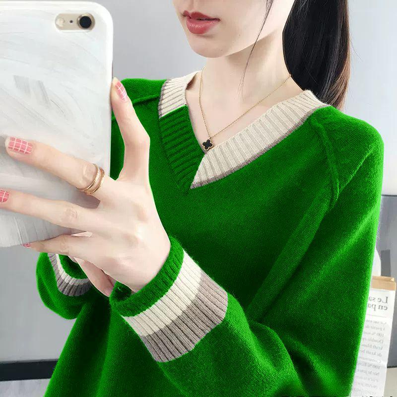 Women's V Neck Sweater Spring Fall Pullover Knit Jumper Outerwear Loose Knit Sweater Top