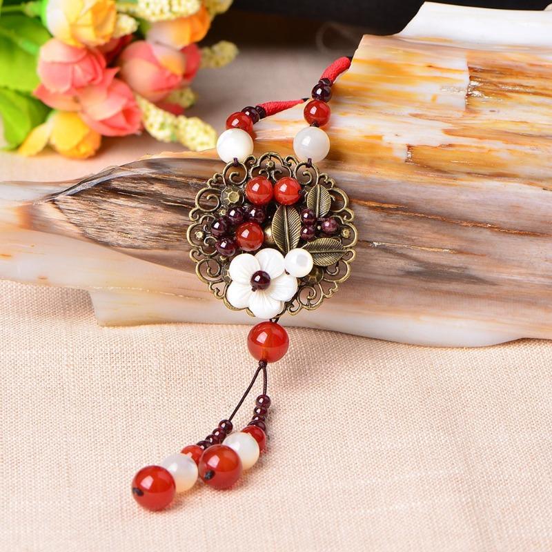 GEMCHIC Women's Vintage Ethnic Style Long Sweater Necklace with Red Agate Beads and Floral Alloy Pendant
