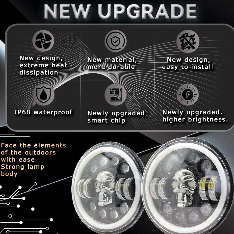 Skull Pattern 7in LED Motorcycle Headlamp 9-36V Hardwired Motor Vehicle Headlight for Modification Accessories