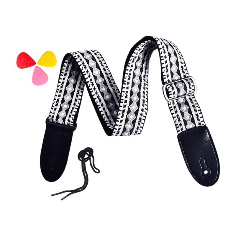 Weaving PU Leather Ends Guitar Strap, Soft Adjustable Comfortable Cotton Acoustic Guitar Strap for Electric Guitar Bass