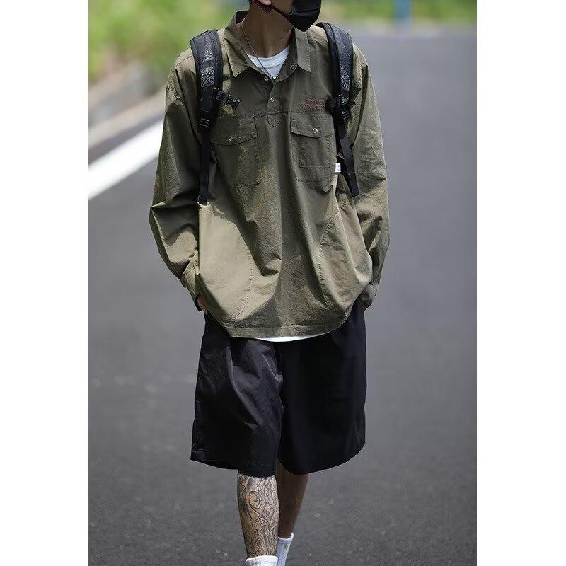 Japanese Retro Simple Letter Embroidered Shirt Men's Long Sleeve Lapel Multi-Pocket Casual Shirt Spring and Autumn Coat