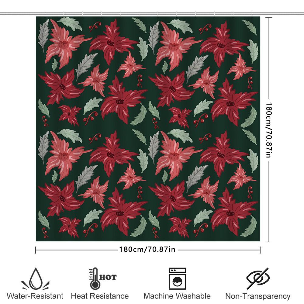 Green Christmas Shower Curtain with Red Poinsettia Floral Pattern, Polyester Fabric, Waterproof Home Decor Item for Bathtub Size