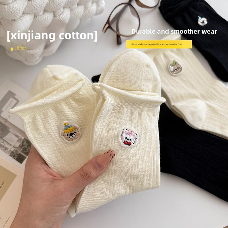 Female Spring and Summer Thin Style All Match Lovely Embroidery Solid Color Cartoon Roll Edge In Tube Cotton Socks