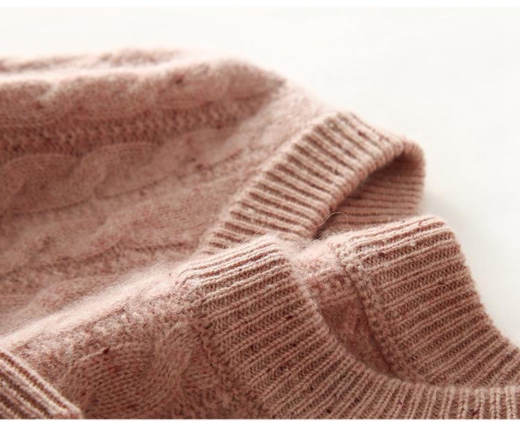 Cashmere Women's Round Neck Cable Knit Sweater - 2025 Autumn/Winter Retro Loose Slimming Pullover.