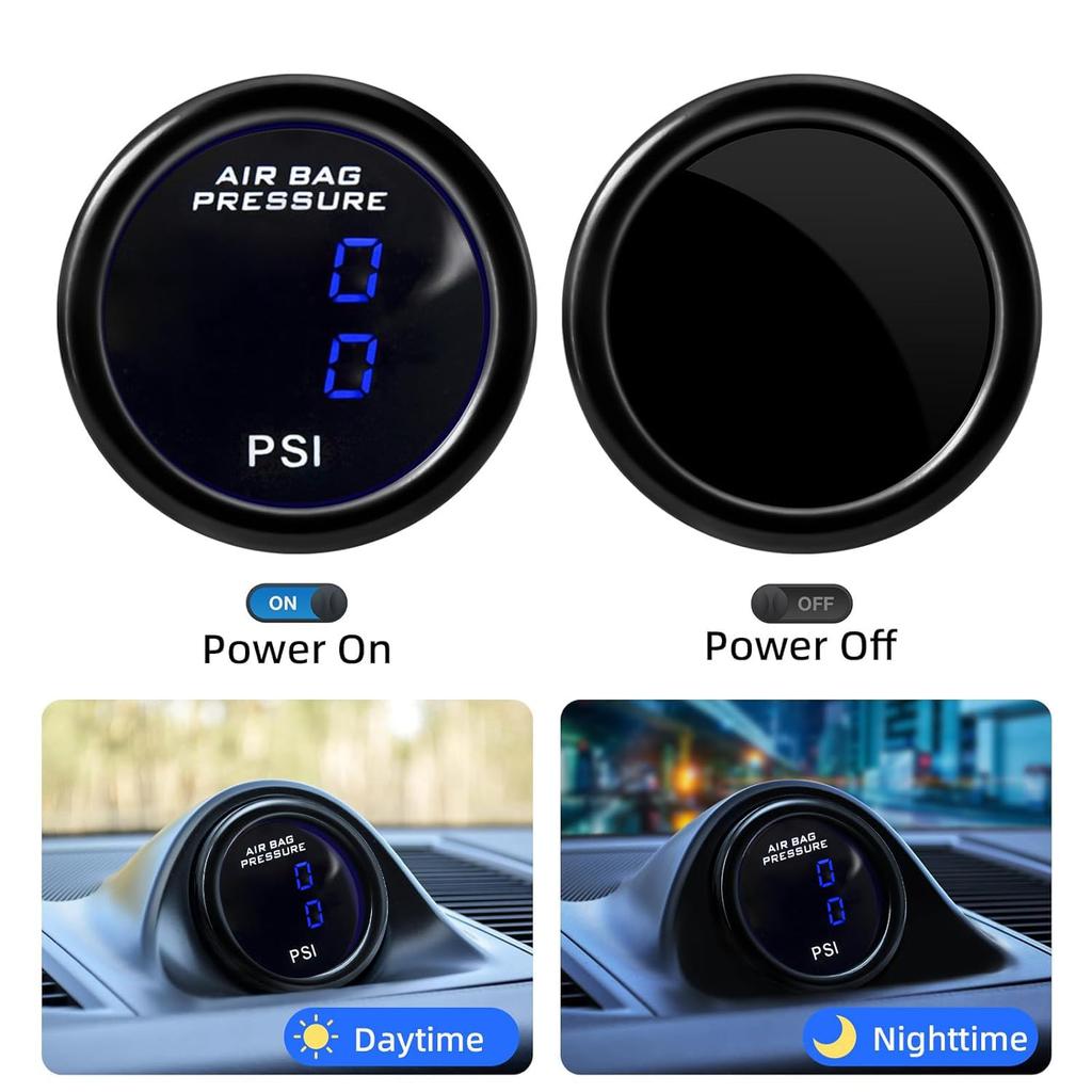 Dual Blue Display Car Air Suspension Gauge 220PSI,2-1/16" 52mm Air Pressure Gauge with 2PCS 1/8NPT Air Pressure Sensor and Bracket for Car & Truck