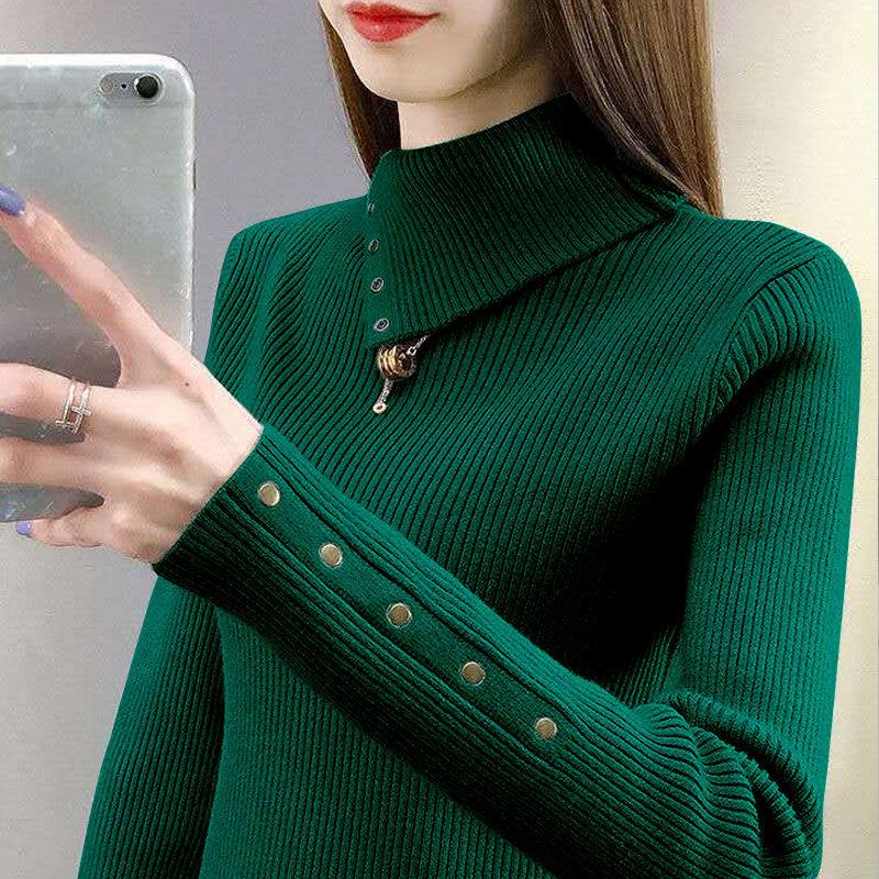 Turtle Neck Ribbed Sweater, Elegant Long Sleeve Sweater for Fall & Winter, Women's Clothing