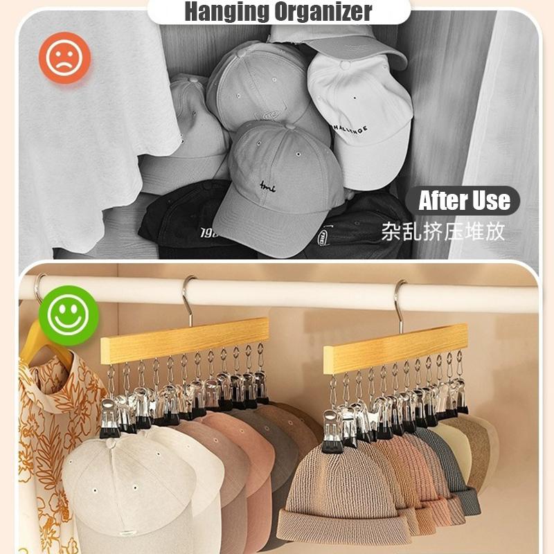 6/10 Clips Hat Holder,Household Multifunctional Organizer for Cap Socks Towel,Household Wooden Hats Hanger for Closet Storage
