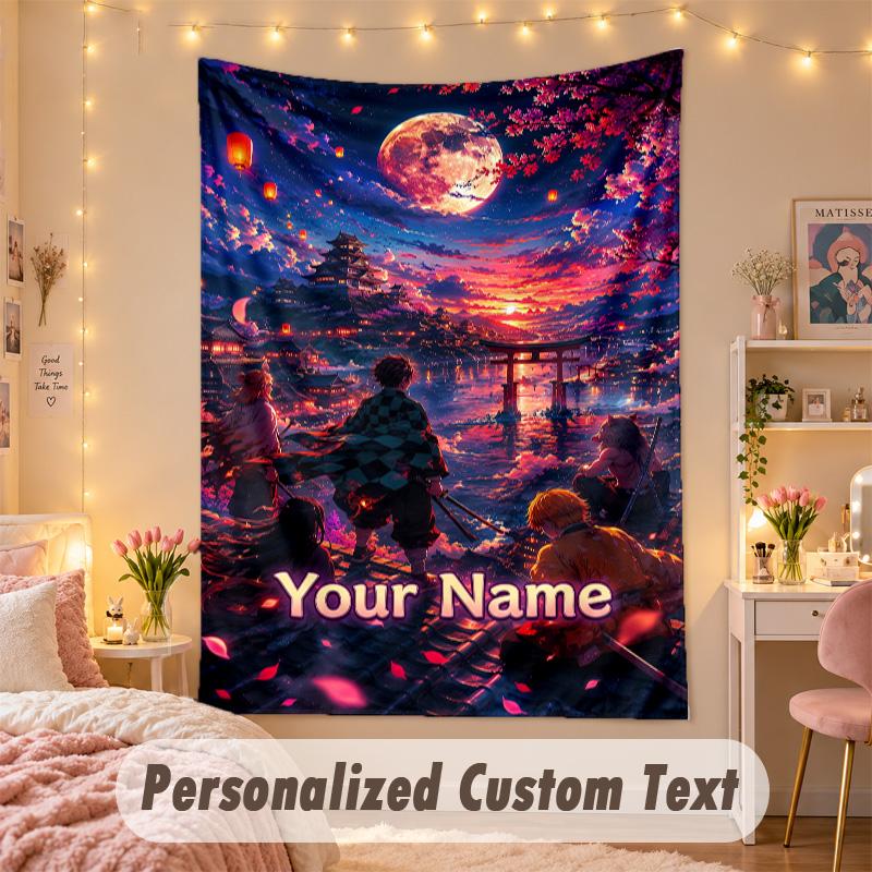 Custom Personalized Tapestry,Demon Slayer Print Custom Name Text Wall Art Hanging for Bedroom