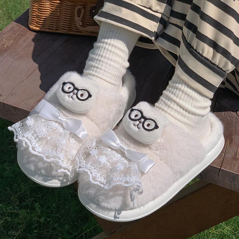 New Cartoon Warm Home Cotton Slippers Lace Bow Winter Non-slip Light Soft Plush Couple Cotton Shoes