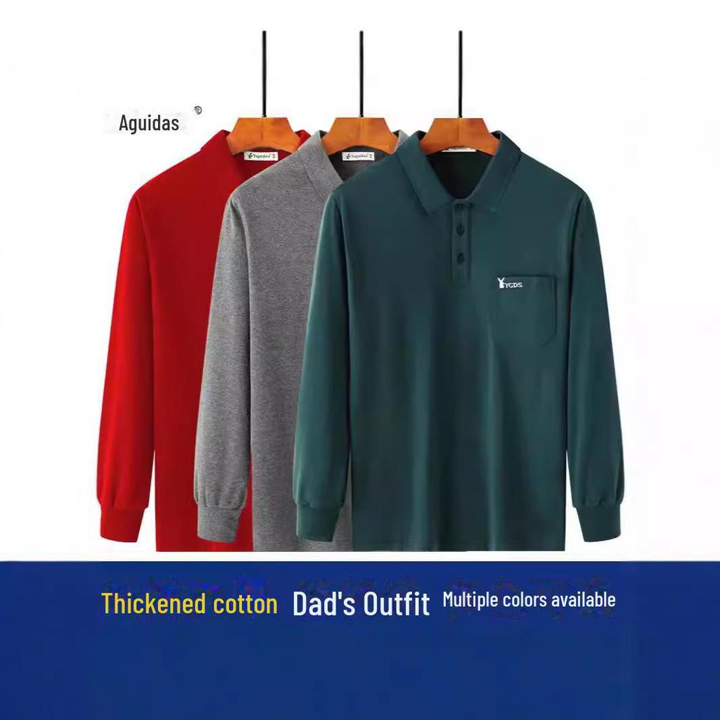Men's Thick Cotton Long-Sleeve Dad T-Shirt for Spring/Autumn - Loose Fit, Solid Color, Lapel, Real Pocket, Casual Wear for Middle-Aged Men.