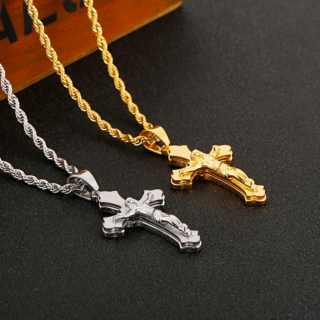 Jesus Cross Pendant Necklace Men Women Thick Stainless Steel Jewelry Twist Chain Religious Charms Accessory Gift