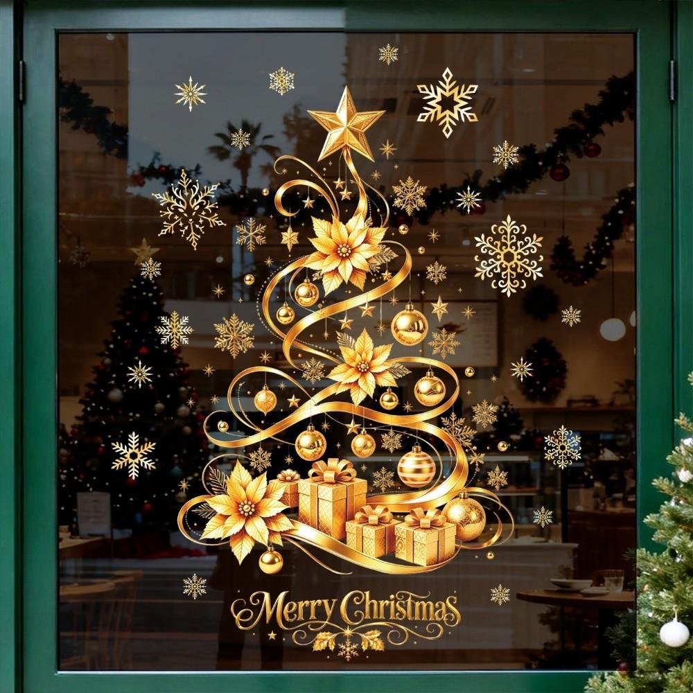 Large Christmas Tree Window Sticker Golden Snowflake Electrostatic Sticker Bedrooms