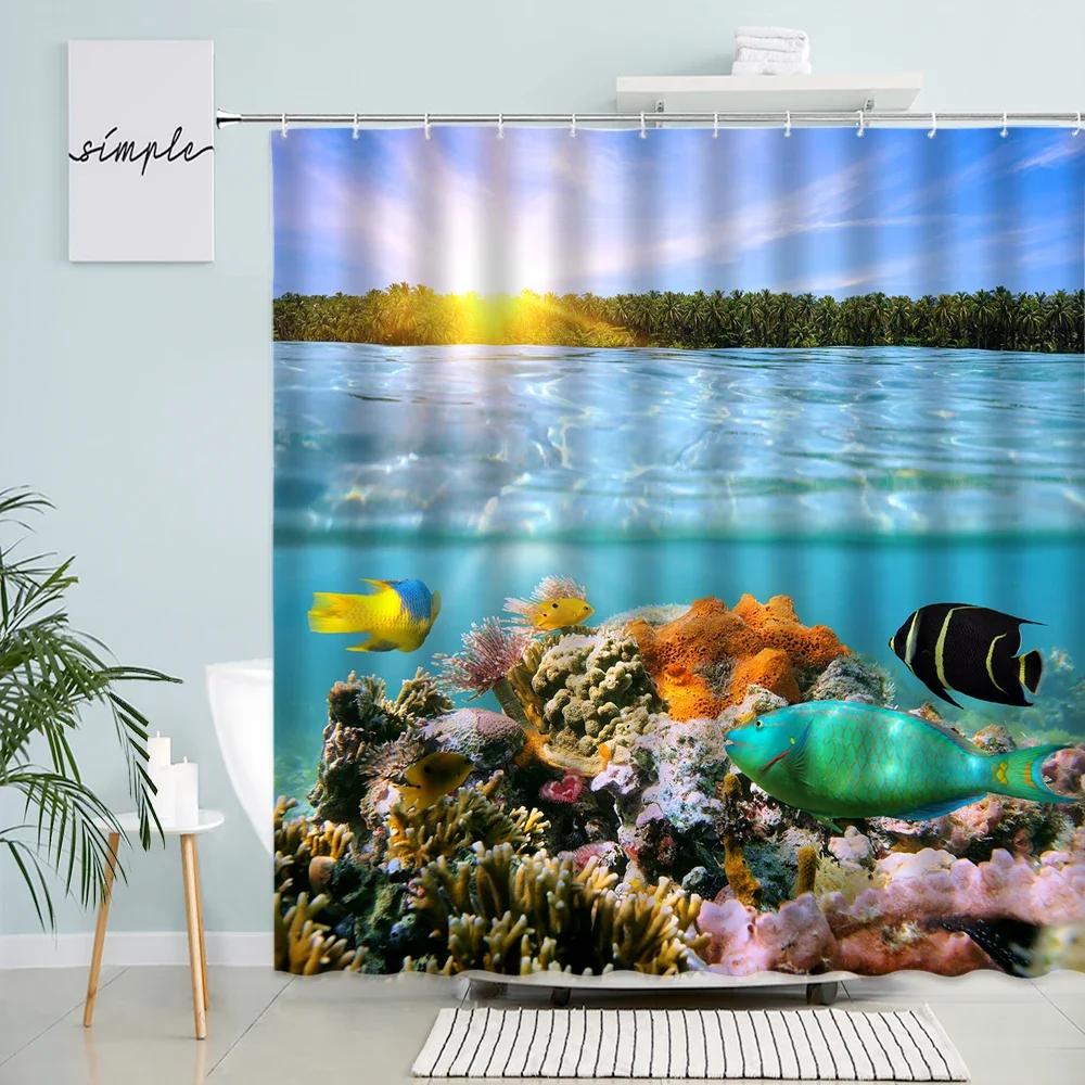 Dolphin Shark Shower Curtain Coral Tropical Fish Sea Turtle Underwater World Landscape Modern Children Bathroom Curtains Decor