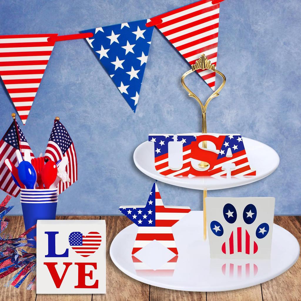4 Pieces 4th Of July Decor Wooden Patriotic Decorations, Wooden Patriotic Star USA LOVE And Cat Paw Table Signs Fourth Of July Table Decorations