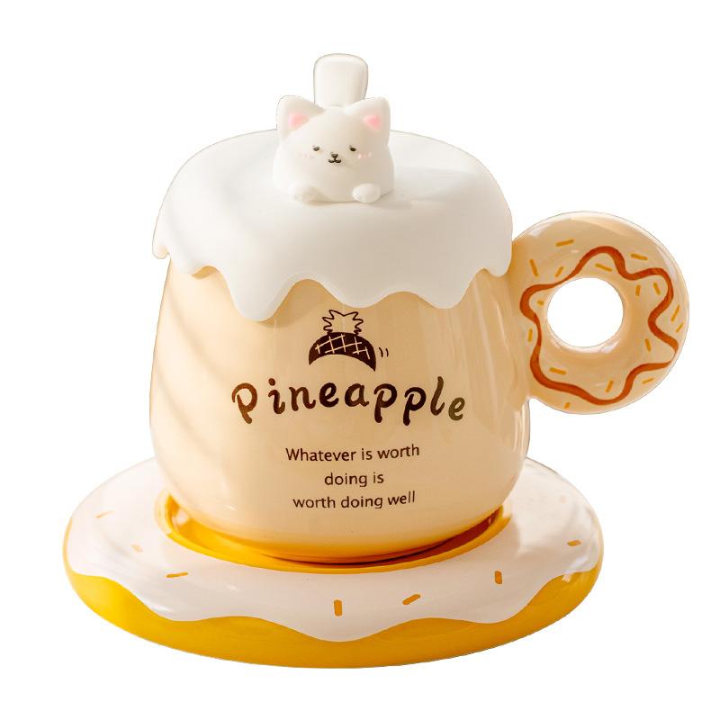 Kreativer Donut Tasse mit konstanter Temperatur Geschenkbox Keramiktasse mit Deckel Löffel Niedliches Mädchen Paar Souvenir Konstante Temperatur