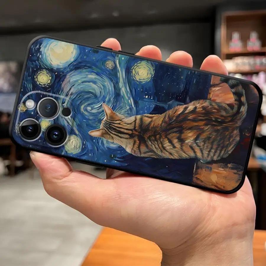 Artistic Starry Sky Cat Phone Case For iPhone 17 16 15 11 12 14 13 Pro Max Mini X XR 7 Plus 16E Shockproof Silicone Cover Fundas