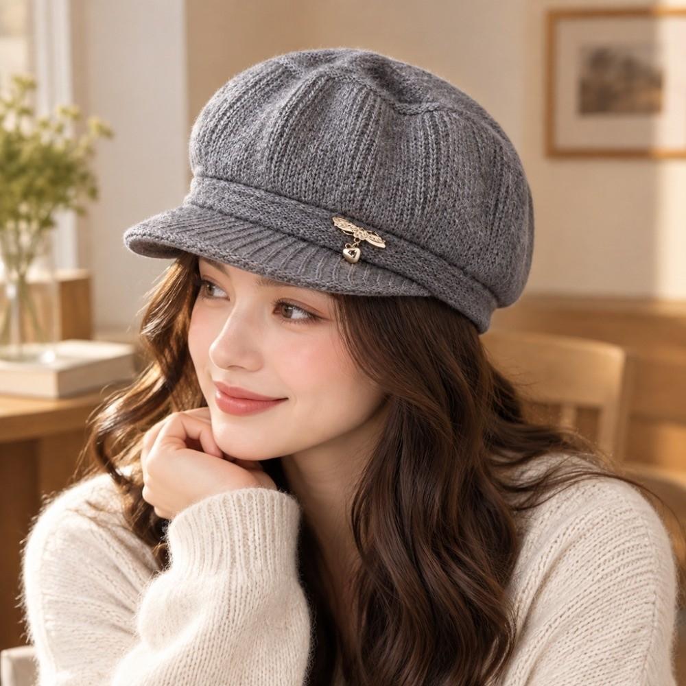 Fleece Lined Knitted Wool Hat Thickened Ear Protection Cap Pumpkin Beret Hat for Middle Aged Women