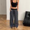 Calças Femininas de Cintura Alta Xadrez de Perna Larga com Cós Elástico Elástico Confortável Calças Compridas de Corte Solto