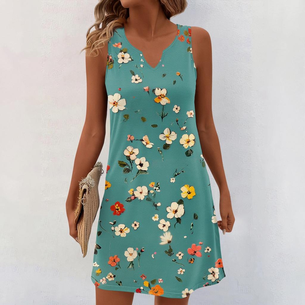 Women Summer Dresses V-Neck Print Sleeveless Sundress Casual Dress