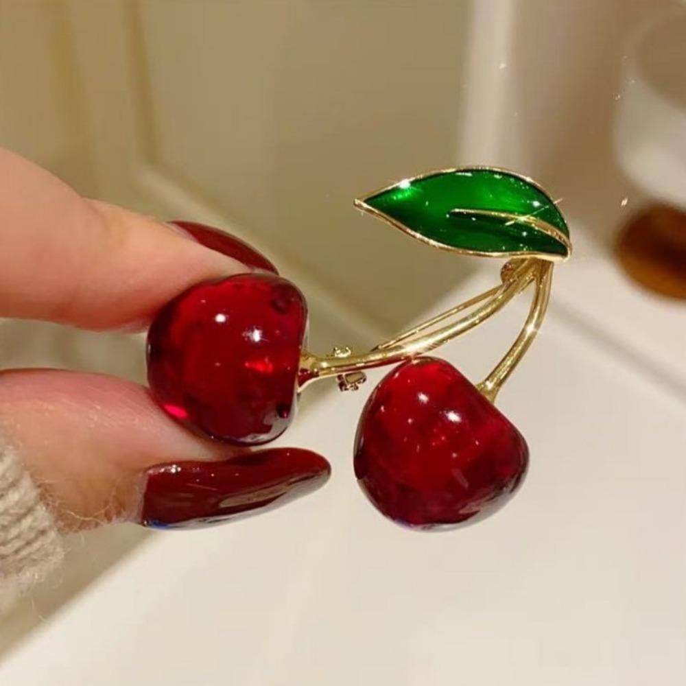 Dark Red Cherry Brooches for Women Clothing Cute Crystal Fruit Enamel Pins Party Jewelry Gifts