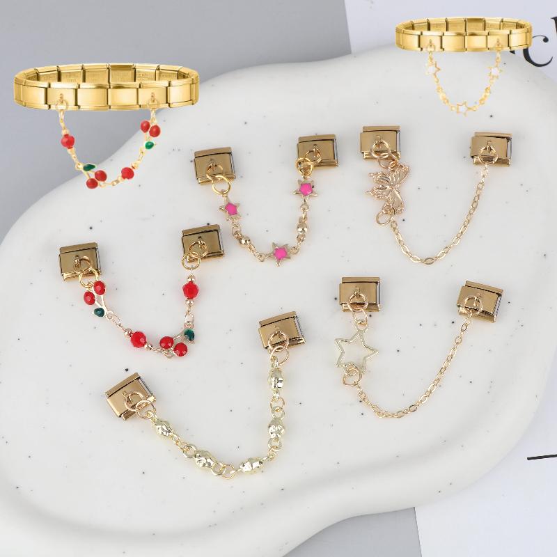 Stainless Steel Cherry Heart Star Gold Color Tassel Chain Italian Charm Links Fit 9Mm Bracelet Diy Making Jewelry Accessories