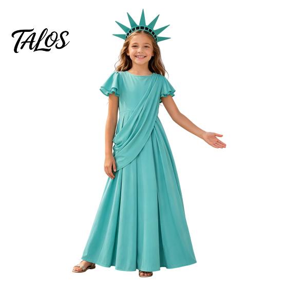 Mehrlagiges Faltenkleid Freiheitsstatue für Kinder Erwachsene, Halloween Römische Frau mit Rüschenärmeln Kostüm, 4. Juli Patriotisches Cosplay Accessoire mit Tiara 140cm blue