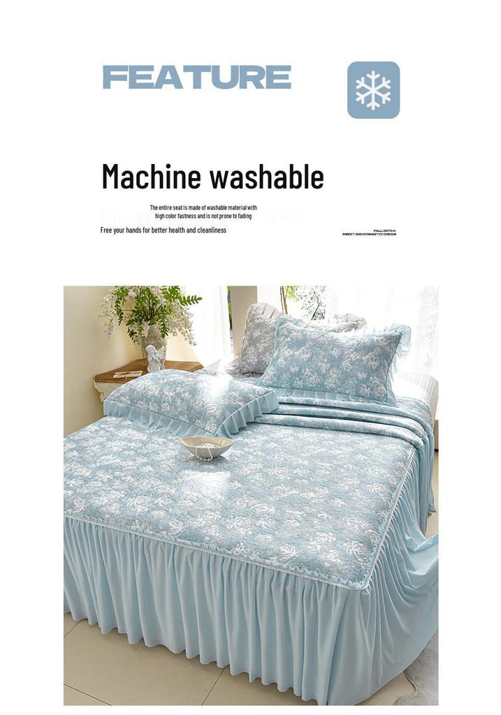 Princess Style Cooling Bed Skirt Set with Ruffled Lace Bedspread - Ice Silk Bean Mat for Summer