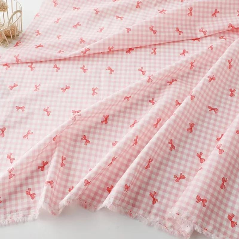 Bunt karierter Baumwollstoff mit Schleifendruck für Kleider, Hemden, Schlafanzüge, Homewear, Kinderbekleidung, 140x100cm